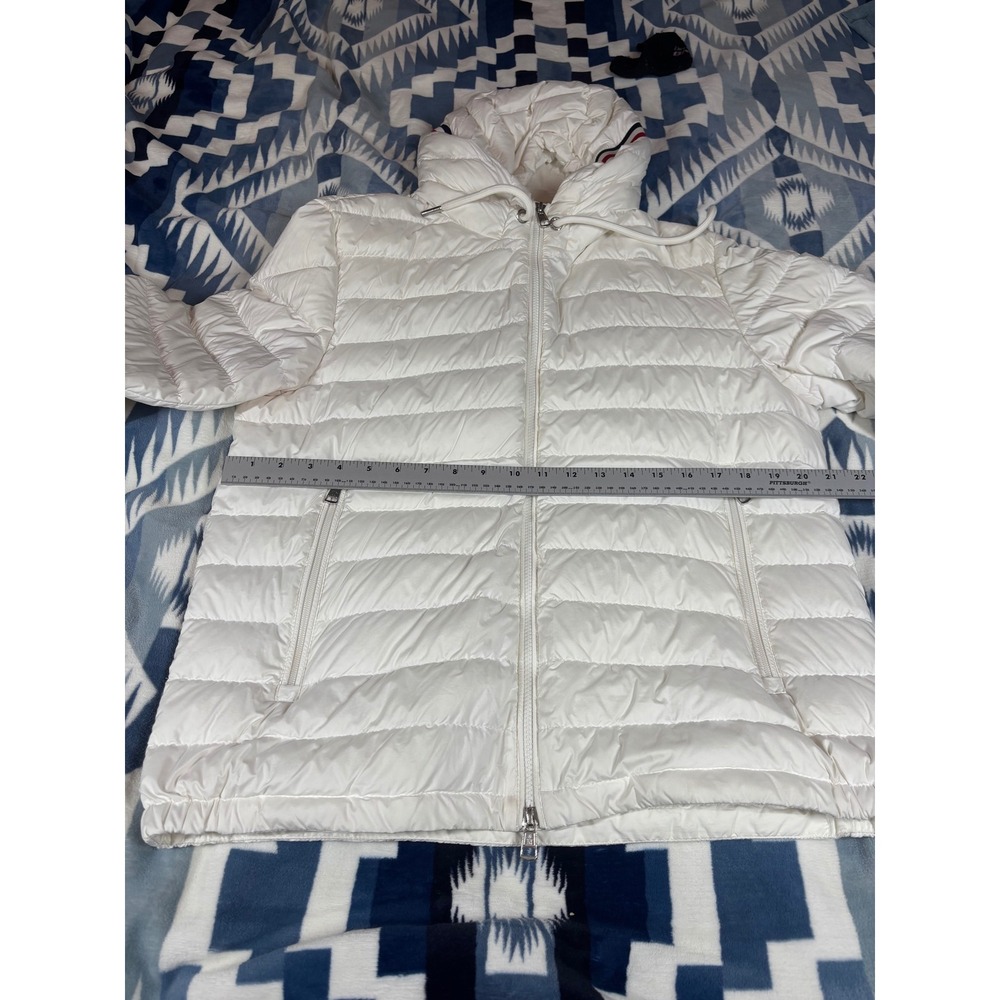 Moncler White Hooded Puffer Jacket Tricolor Trim Womens Size 4 Made in Romania - Picture 10 of 16